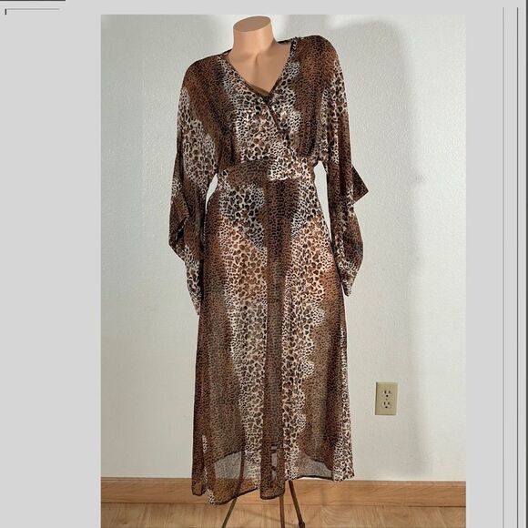 NWT ANGVNS Sz M Long Bell Sleeve Animal Cheetah Print Maxi Sheer Statement Dress - Picture 1 of 15